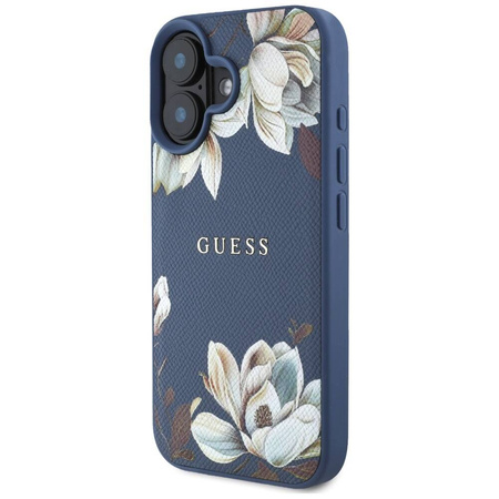 Case IPHONE 16 Guess Grained Printed Flower Pattern MagSafe blue