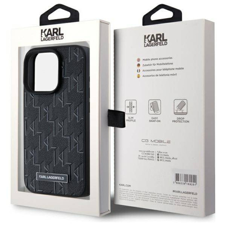Original Handyhülle IPHONE 15 PRO Karl Lagerfeld Hardcase Leather Monogram Metal Logo MagSafe (KLHMP15LPKHPORPK) schwarz