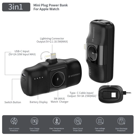 Wozinsky WF16-YLS 5000mAh 15W Lightning Mini Power Bank with Built-in USB-C Cable and Apple Watch Charger - Black