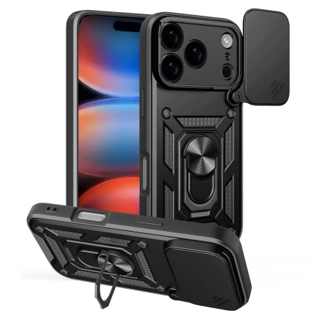 Etui Hybrid Armor Camshield na iPhone 17 Pro Max pancerne z podstawką i osłoną aparatu - czarne