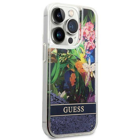 Etui IPHONE 14 PRO Guess Hardcase Flower Liquid Glitter niebieskie