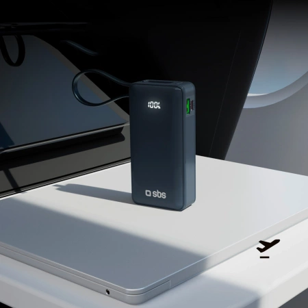 Powerbank SBS 10000 mAh 20W mit integriertem USB-C-Kabel und Digitalanzeige - dunkelgrau