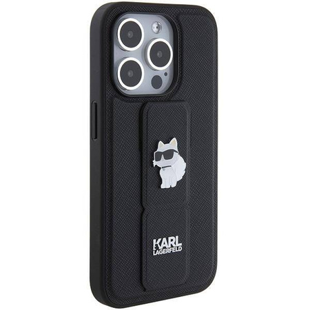 Etui Karl Lagerfeld Gripstand Saffiano Choupette Pins na iPhone 15 Pro - czarne