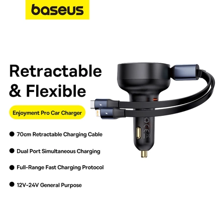 Baseus Enjoyment USB-C-Autoladegerät mit USB-C/ Lightning -60-W-Kabel – Schwarz