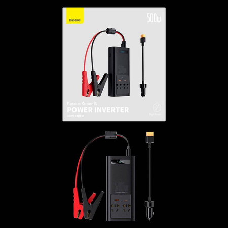 Baseus samochodowa przetwornica inwerter prądu 150W 12V / 500W  220V (wtyczka EU i CN) czarny (CGNB000101)