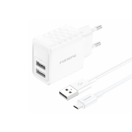 FONENG ładowarka sieciowa EU53 2.4A 12W 2xUSB + kabel Micro Biały