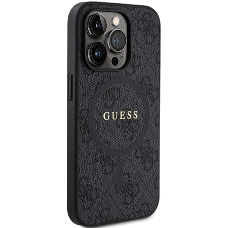 Guess 4G Collection Leder-Metall-Logo-MagSafe-Hülle für iPhone 14 Pro – Schwarz