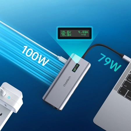 Choetech HUB wielofunkcyjny z wyświetlaczem 12w1 USB-C do 1xUSB-C/4xUSB-A/2xHDMI/1xVGA/1xAUX/czytnik kart pamięci szary (HUB-M26)
