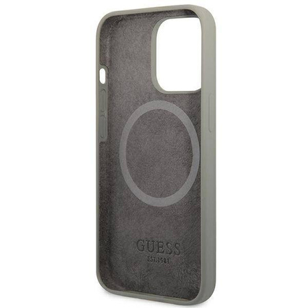 Oryginalne Etui IPHONE 13 PRO MAX Guess Hard Case Silicone Logo Plate MagSafe (GUHMP13XSPLG) szare