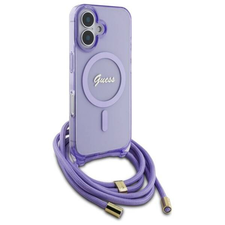 Original Handyhülle IPHONE 16 Guess Hardcase Crossbody Cord Script MagSafe (GUHMP16SHCTSGNSU) violett