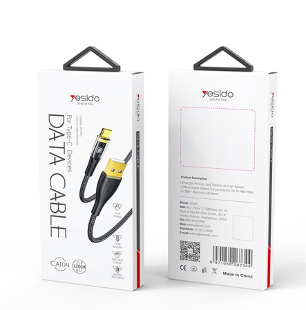Yesido Kabel CA104 18W USB-Type-C 1.2m PVC 2A, BLACK / CZARNY