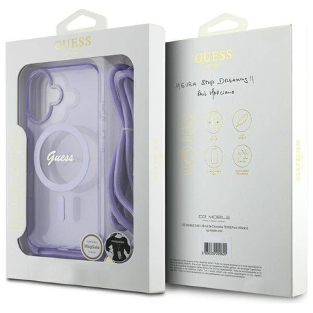 Original Handyhülle IPHONE 16 Guess Hardcase Crossbody Cord Script MagSafe (GUHMP16SHCTSGNSU) violett