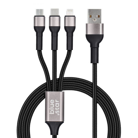 Kabel Blue Star z oplotem 3w1 ze złączami micro USB, USB C i Lightning 3A