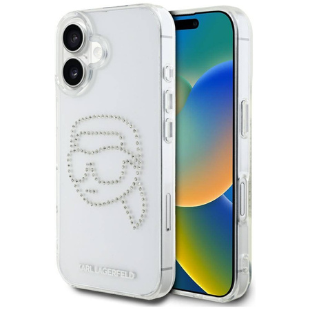 Original Handyhülle IPHONE 16 Karl Lagerfeld Hardcase IML Rhinestones Karl Head transparent