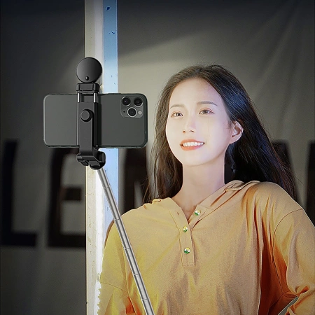 Selfie-Stick WH1YXS Teleskopstativ 1 m mit runder Lampe und Telefonhalter – Schwarz