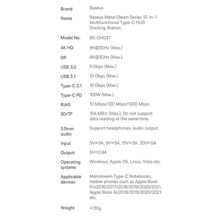 Baseus Metal Gleam multi-functional HUB USB Type C 12in1 HDMI / DP / USB Type C / minijack 3.5mm / RJ45 / SD (WKWG020213)
