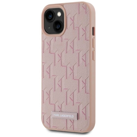 Karl Lagerfeld Leder-Monogramm-Metalllogo MagSafe iPhone 15 Hülle - Rosa