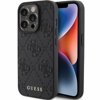 Guess Leder 4G Stamped Hülle für iPhone 15 Pro Max – Schwarz