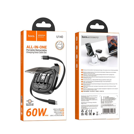 HOCO kabel All-in-one zwijany w zestawie z wymiennymi końcówkami PD 3A 60W U140 0,95 m czarny