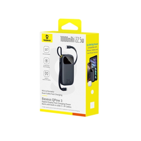 Powerbank Baseus EnerFill FC31 10000mAh 22.5W z wyświetlaczem cyfrowym i 2 wbudowanymi kablami (USB-C + Lightning) - czarny