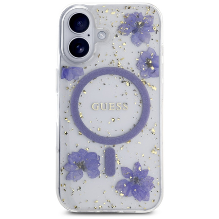 Original Case IPHONE 16 Guess Hardcase Resin Flowers Glitter MagSafe purple
