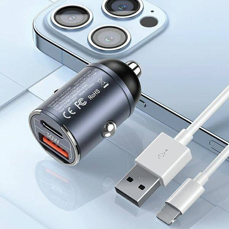 Ładowarka Samochodowa 30W PD USB-C + USB Fas Charge Z Wbudowaym Pierścieniem USAMS C38 CC206CC01 (US-CC206) fioletowa