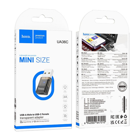 HOCO adapter USB A (męski) do Typ C (żeński) UA36C transparentny czarny