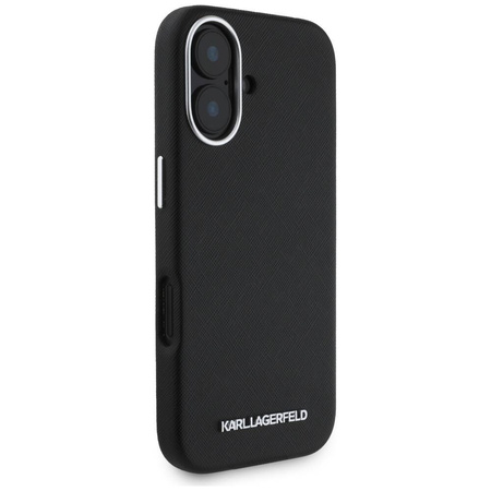 Original Handyhülle IPHONE 16 Karl Lagerfeld Saffiano Full Wrapped Elongated Metal Logo MagSafe schwarz