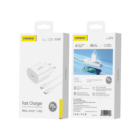 Foneng Ładowarka sieciowa EU39 - Typ C - PD 20W 3A z kablem Typ C na Lightning biała