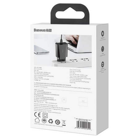 Baseus Speed Mini ładowarka sieciowa zasilacz EU do szybkiego ładowania USB Typ C 20W 3A czarny (CCFS-SN01)