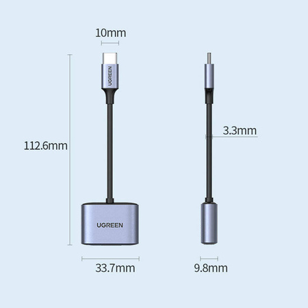 Ugreen audio adapter USB Type C (male) - USB Type C PD QC (female) + 3.5mm mini jack (female) gray (CM231)
