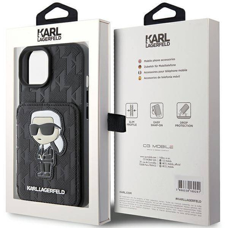 Etui Karl Lagerfeld Saffiano Cardslots and Stand Monogram Ikonik Patch do iPhone 15 - czarne
