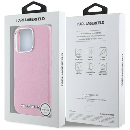 Original Handyhülle IPHONE 16 PRO MAX Karl Lagerfeld Saffiano Full Wrapped Elongated Metal Logo MagSafe rosa