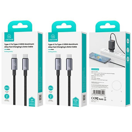 USAMS Kabel USB-C na USB-C 60W 1,2mFast Charging stalowy/tarnish SJ661USB01 (US-SJ661)