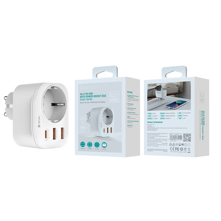Devia gniazdo sieciowe ładowarka Smart PD 20W 1x USB-C 2x USB  biała