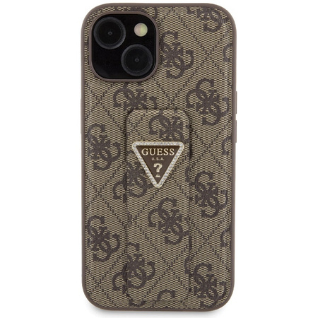 Guess Grip Stand 4G Triangle Strass Hülle für iPhone 15 – braun