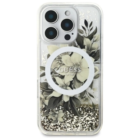 Guess Liquid Glitter Flower MagSafe-Hülle für iPhone 16 Pro – Beige