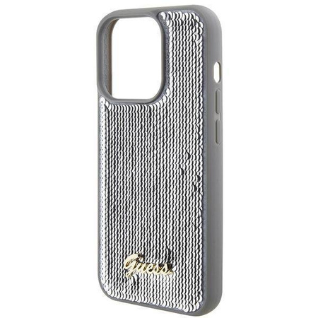 Guess Pailletten-Schriftzug-Metallgehäuse für iPhone 15 Pro – Silber