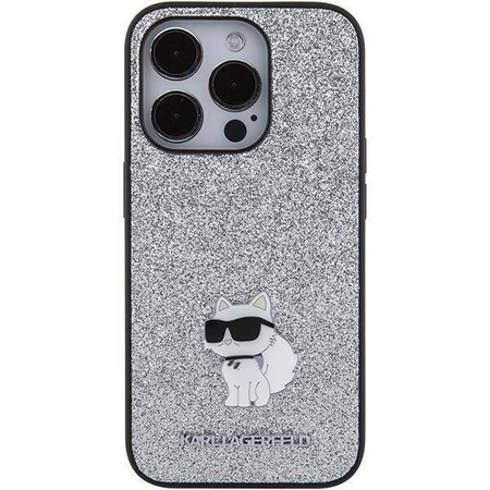 Karl Lagerfeld Feste Glitzer-Choupette-Logo-Metallpin-Hülle für iPhone 15 Pro Max – Silber