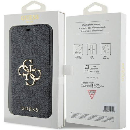 Original Handyhülle APPLE IPHONE 15 PRO Guess Book 4G Metal Gold Logo (GUBKP15L4GMGGR) grau