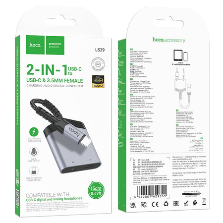 HOCO adapter AUX 2w1 Typ C do Typ C / Jack 3,5 mm 27W LS39 szary