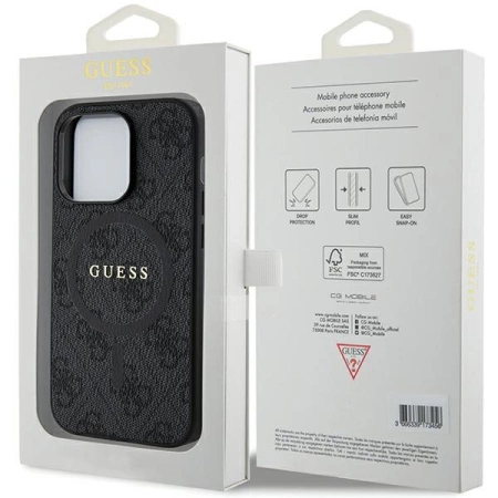 Guess 4G Collection Leder-Metall-Logo-MagSafe-Hülle für iPhone 14 Pro – Schwarz