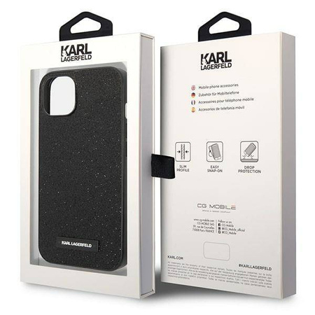 Original Handyhülle IPHONE 14 PLUS Karl Lagerfeld Hardcase Glitter Plaque Logo (KLHCP14MG2ELK) schwarz