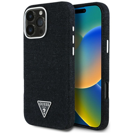 Original Handyhülle IPHONE 16 PRO MAX Guess Denim Triangle Logo MagSafe schwarz
