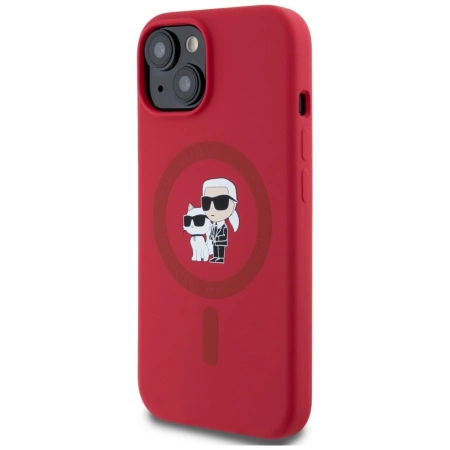 Karl Lagerfeld Silikon Karl&amp;Choupette Heads Ring MagSafe iPhone 15 Hülle - Rot