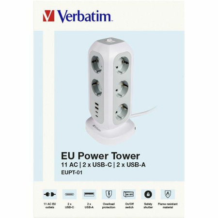 Verbatim Przedłużacz pionowy 15w1 11xAC UE/2xUSB-C/2xUSB-A 2m EUPT-01 biały/white 49547