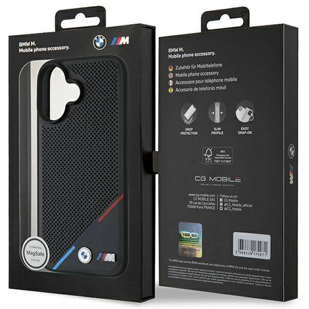 Original Handyhülle IPHONE 16 BMW Hardcase M Perforated Tricolor Line MagSafe (BMHMP16S23PUPDK) schwarz