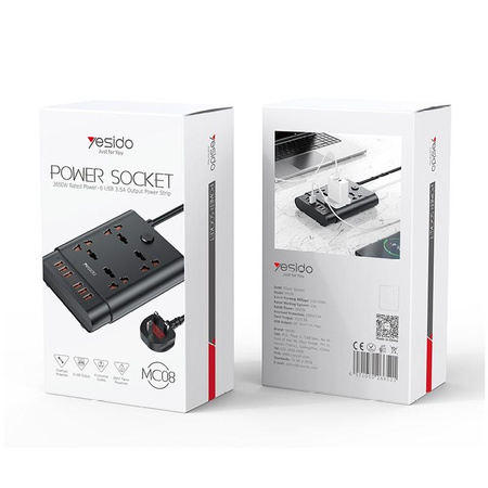 Yesido MC08 Przedłużacz 10w1 (EU) 2650W 6xUSB-A, BLACK / CZARNY