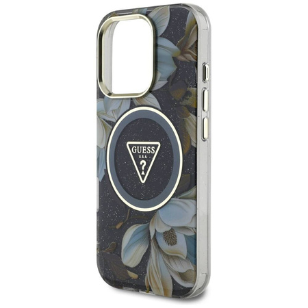 Schutzhülle IPHONE 16 PRO Guess Glitter Flowers Triangle Buttons MagSafe schwarz