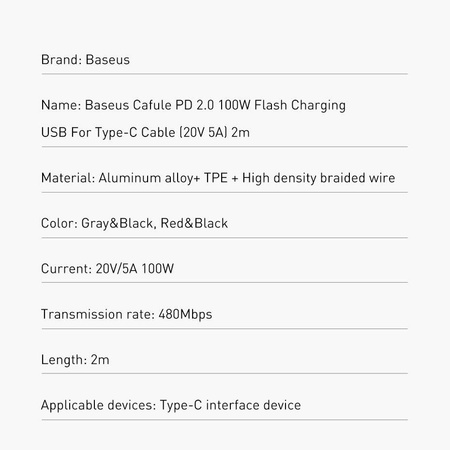 Baseus Cafule nylonowy kabel przewód USB Typ C Power Delivery 2.0 100W 20V 5A 2m czarny (CATKLF-AL91)
